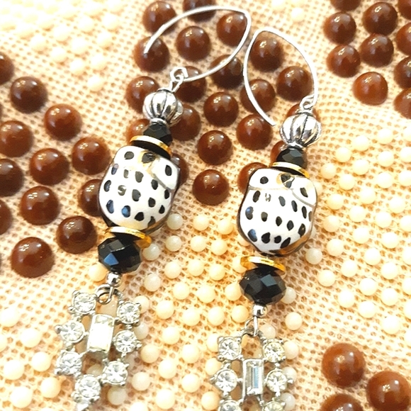 Ceramic Owl & Vintage Rhinestone Drop Earrings NWT - Picture 8 of 9